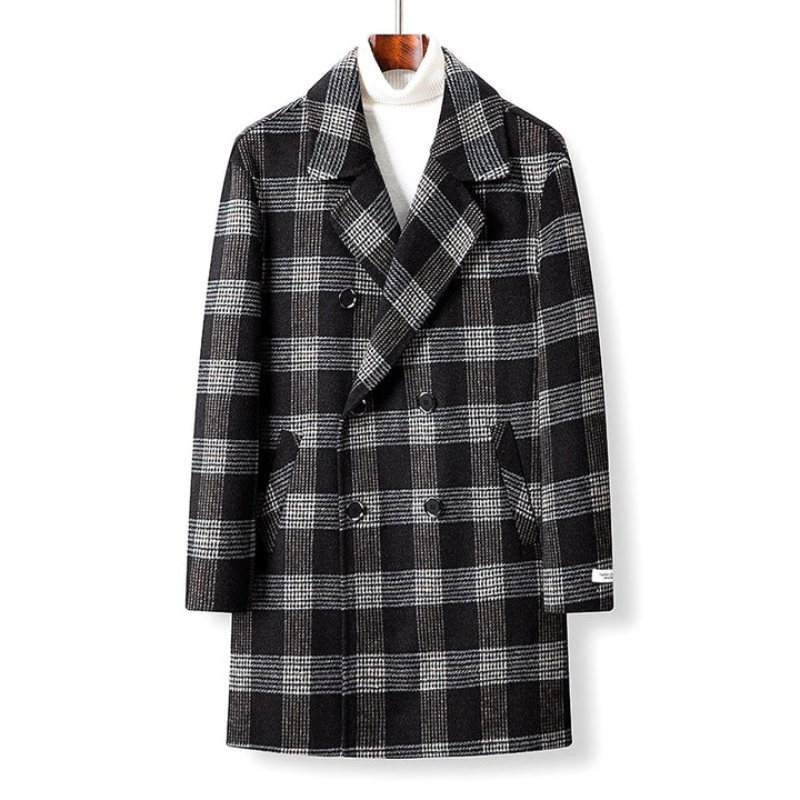 Karierter Damen-Doppelbrustmantel für Herbst & Winter. Eleganter Übergangsmantel mit klassischem Design.