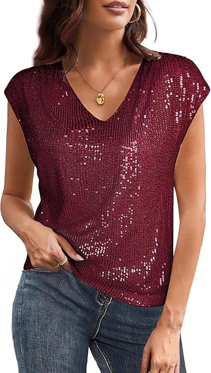 Stylisches Damen Glitzer-Top mit V-Ausschnitt, ärmellos. Chic für glamouröse Abende.