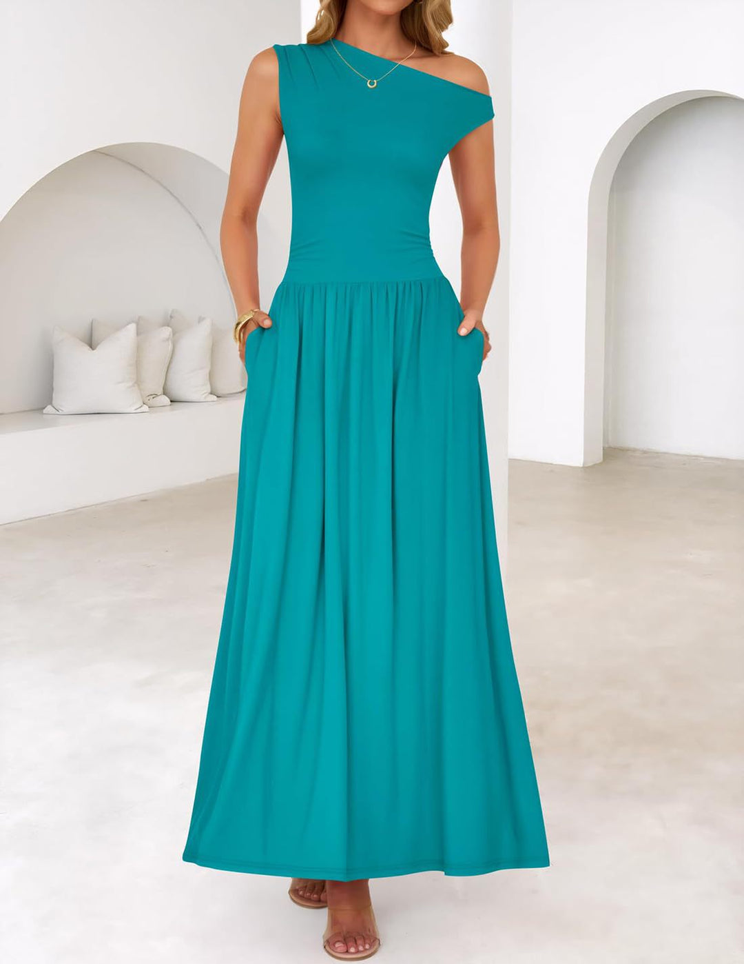 Rotes Damen One-Shoulder Maxikleid, taillenbetonend, A-Linie, festlich & stylisch.