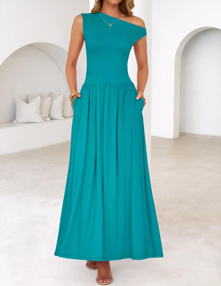 Rotes Damen One-Shoulder Maxikleid, taillenbetonend, A-Linie, festlich & stylisch.