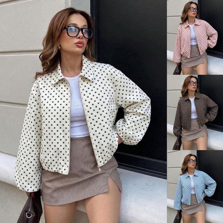 Eleganz pur: Damen gepunktete Cropped Bomberjacke im Retro-Stil, ideal für Frühling & Herbst.