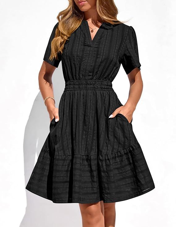 Feminines A-Linien Stufenkleid, Midi-Länge, V-Ausschnitt, Smokbund für eine schmeichelhafte Silhouette.