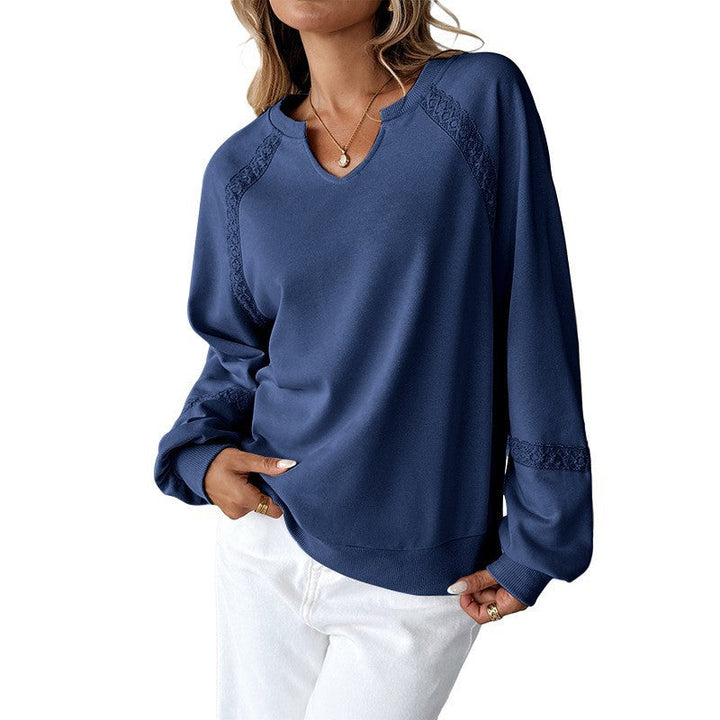 Modisches V-Notch Sweatshirt für Damen mit Spitze und Ballonärmeln, perfekt für casual Eleganz.