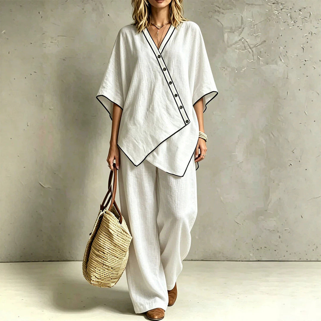 Elegantes Damen Tunika-Set, asymmetrisch, mit bequemer Palazzohose für Sommer & Freizeit-Look.