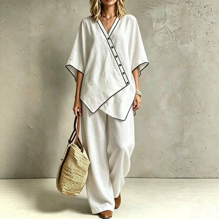 Elegantes Damen Tunika-Set, asymmetrisch, mit bequemer Palazzohose für Sommer & Freizeit-Look.