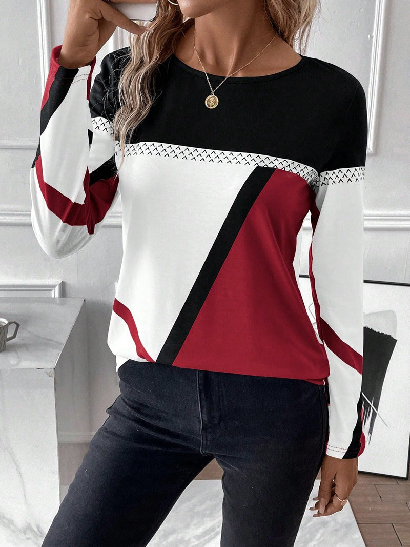 Lässiges Damen Langarmshirt mit geometrischem Blockprint und Rundhals für den Alltag.