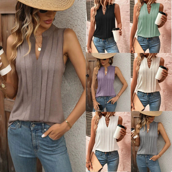 Damen Ärmellose Bluse mit eleganten Bügelfalten und V-Ausschnitt. Ideal für Business & Freizeit.