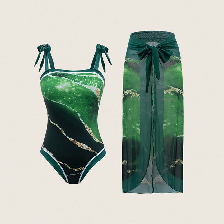 Modernes Damen Badeanzug Set (Einteiler & Wickelrock) für eleganten Urlaub. Perfekte Sommermode für Damen.