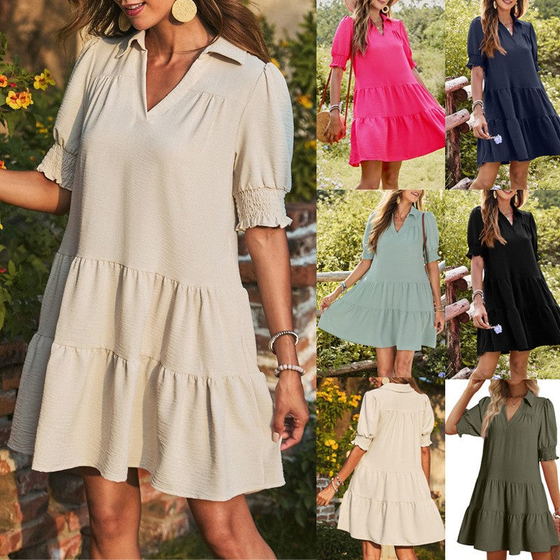 Damen Stufenkleid in A-Linie mit V-Ausschnitt & Puffärmeln, perfekt für Sommer & Freizeit.