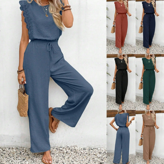 Elegantes zweiteiliges Damen-Set: Spitzen-Top mit Volant & weite Palazzo-Hose, ideal für Sommer & Freizeit.