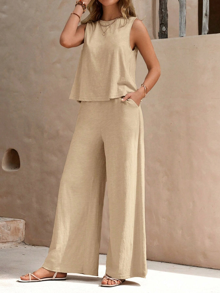 Weicher Damen Freizeitanzug: ärmelloses Top & Palazzohose für höchsten Komfort und eleganten Alltagsstil.