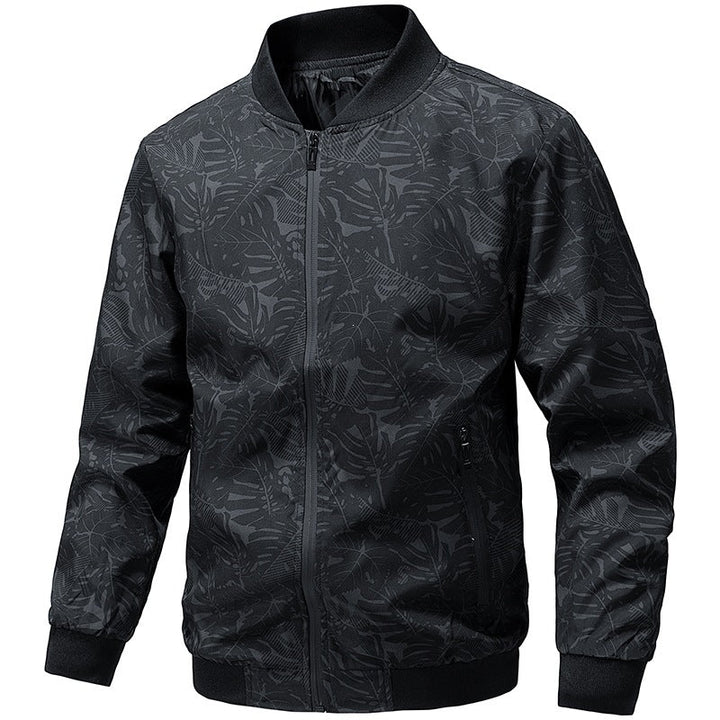 Dunkelblaue Herren Bomberjacke mit floralem Muster, leicht, atmungsaktiv & vielseitig für stilvolle Männer.