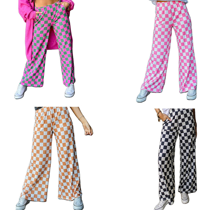 Damen karierte Palazzohose mit weitem Bein für stilvolle Sommer-Outfits. Bequeme Freizeithose.