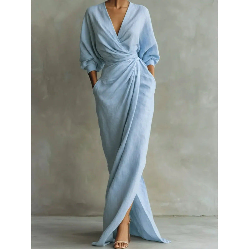Modisches Wickel-Maxikleid für Damen mit V-Ausschnitt, stilvollem Taillentwist und seitlichen Eingrifftaschen. Für Alltag & Fest.