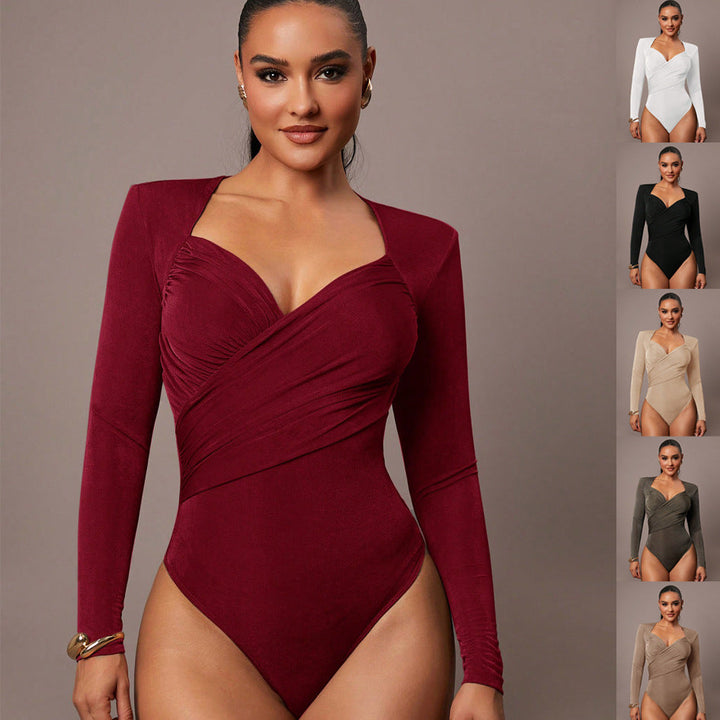 Damen Formbody mit eleganter Wickelfront, Herzausschnitt & Langarm. Perfekt für Business & Abend.