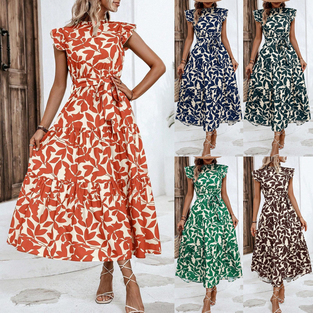 Elegantes Damen Blumen Midikleid mit Stufenrock & Rüschenärmeln, perfekt für Sommer & Freizeit.