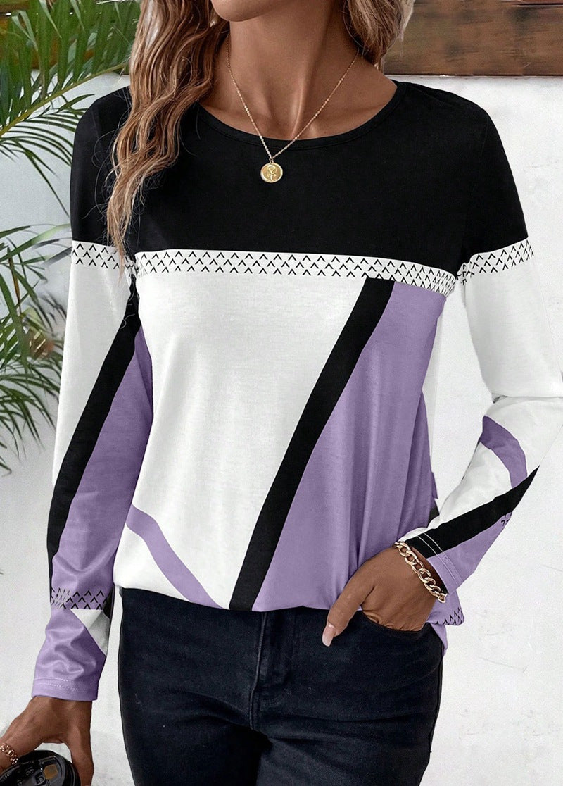 Trendiges Damen Longsleeve mit geometrischem Blockprint, Rundhals. Perfekt für den Herbst.