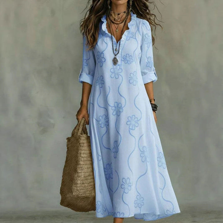 Damen Boho Maxikleid mit Blumenstickerei, V-Ausschnitt & weitem Rock. Perfekt als Sommer- & Freizeitkleid.