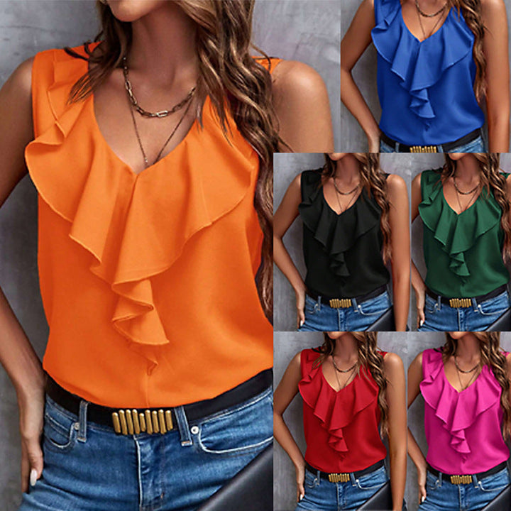Elegante ärmellose Damen Rüschenbluse mit V-Ausschnitt, vielseitig für Business & Sommer.