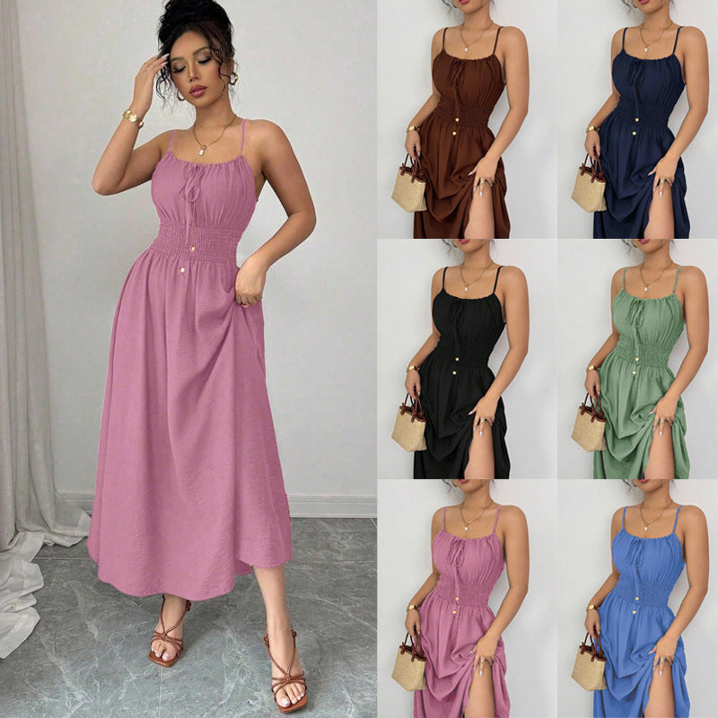 Elegantes Damen Midikleid mit Spaghettiträgern & Taillenbetonung in A-Linie, perfekt für den Sommer.