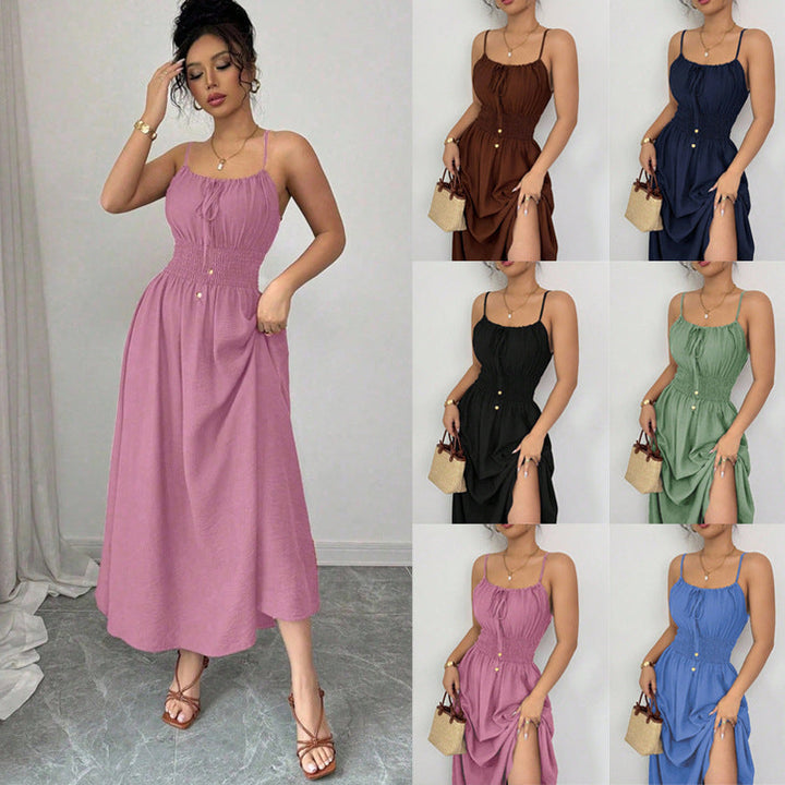 Elegantes Damen Midikleid mit Spaghettiträgern & Taillenbetonung in A-Linie, perfekt für den Sommer.
