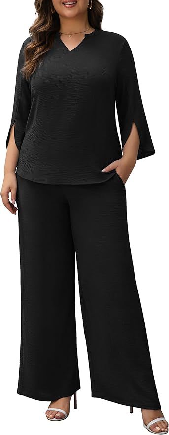 Trendiges Damen Palazzo-Set. Moderner Zweiteiler mit V-Ausschnitt und weiter Hose, sehr stilvoll.