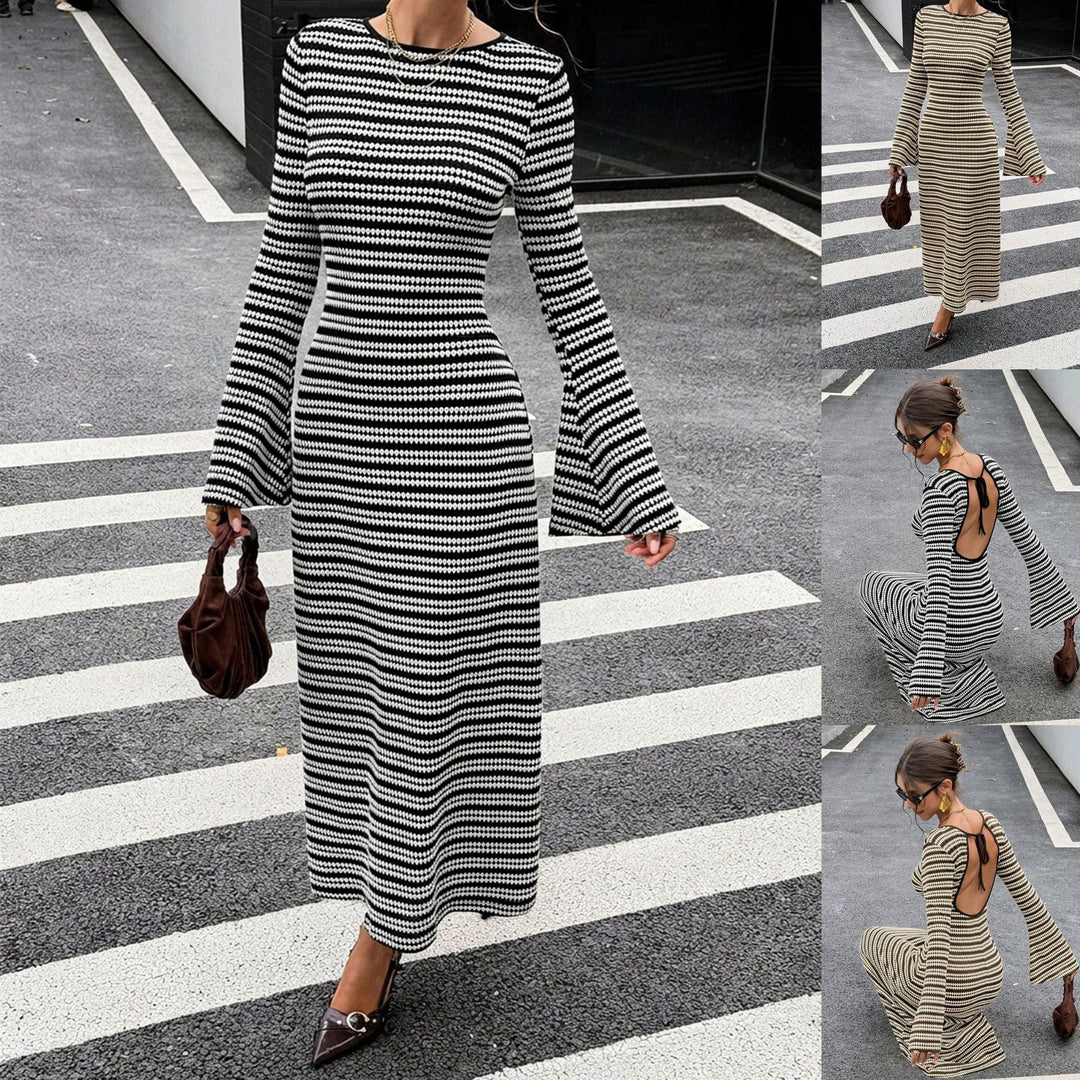 Damen Figurbetontes Midikleid mit eleganten Trompetenärmeln. Ideal für Business & Abend.