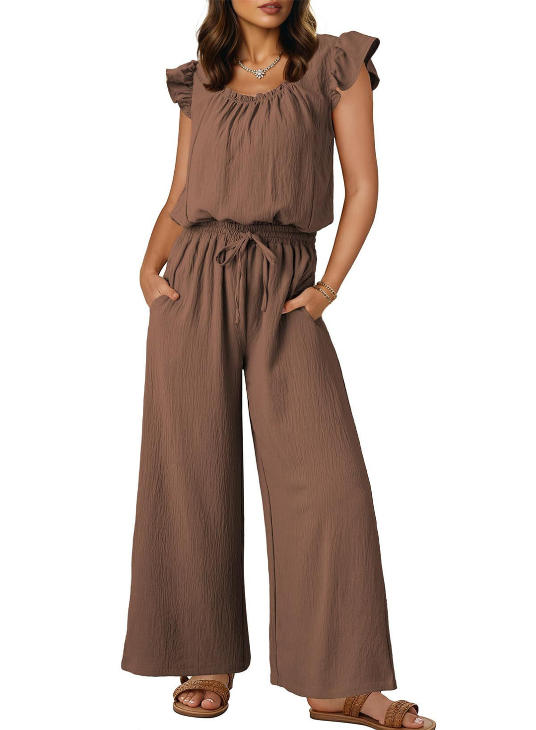 Bequemer Freizeit-Overall für Damen, Crinkle-Stoff, weites Bein & Rüschenärmel für mühelose Eleganz.