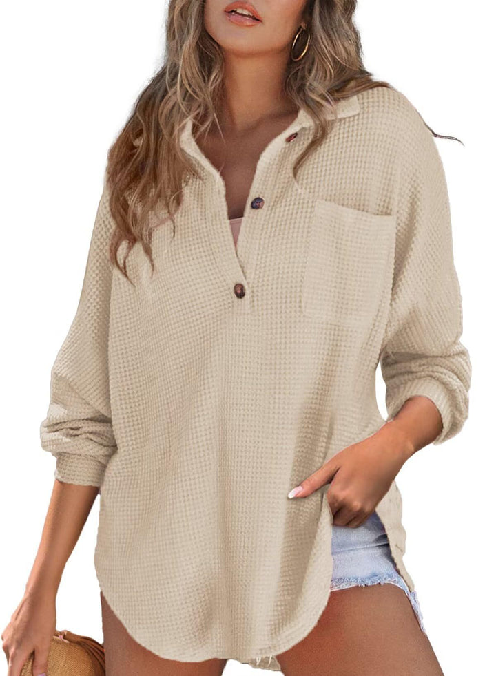 Strukturierte Damen Oversize Hemdbluse aus weichem Material mit Waffelstruktur, komfortabel & stilvoll.
