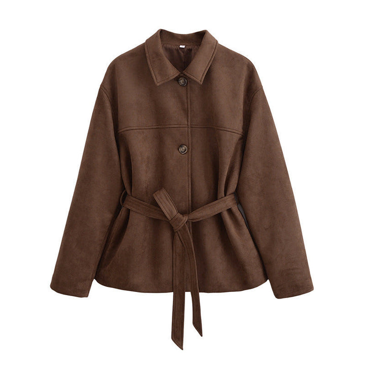 Elegante braune Damen Wickeljacke mit stilvollem Schnitt, ideal für einen modernen Look.