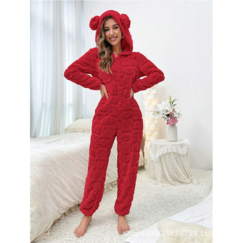 Damen Kuschelanzug aus weichem Fleece, ideal als Pyjama oder bequemer Hausanzug.