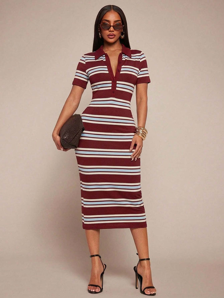 Casual Damenkleid: Gestreiftes Polokleid, figurbetont, Midi-Länge, kurzarm, modisch.