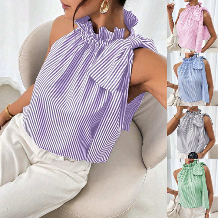 Damen ärmellose Bluse mit elegantem Stehkragen und femininer Schulter-Schleife. Ideal für Sommer und Büro.