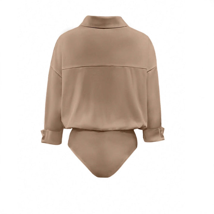 Modischer Oversize Hemdblusen-Body für Damen, V-Ausschnitt & lange Ärmel. Vielseitig für Büro & Alltag.
