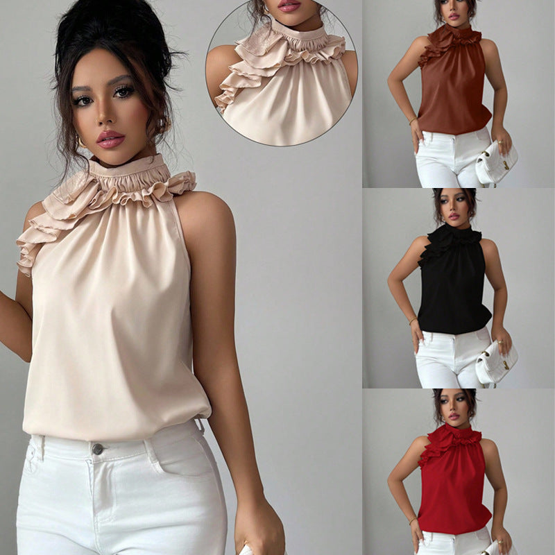Elegantes Damen-Top mit hochgeschlossenem Rüschenkragen und asymmetrischem Volant, perfekt für Business & Abendmode.