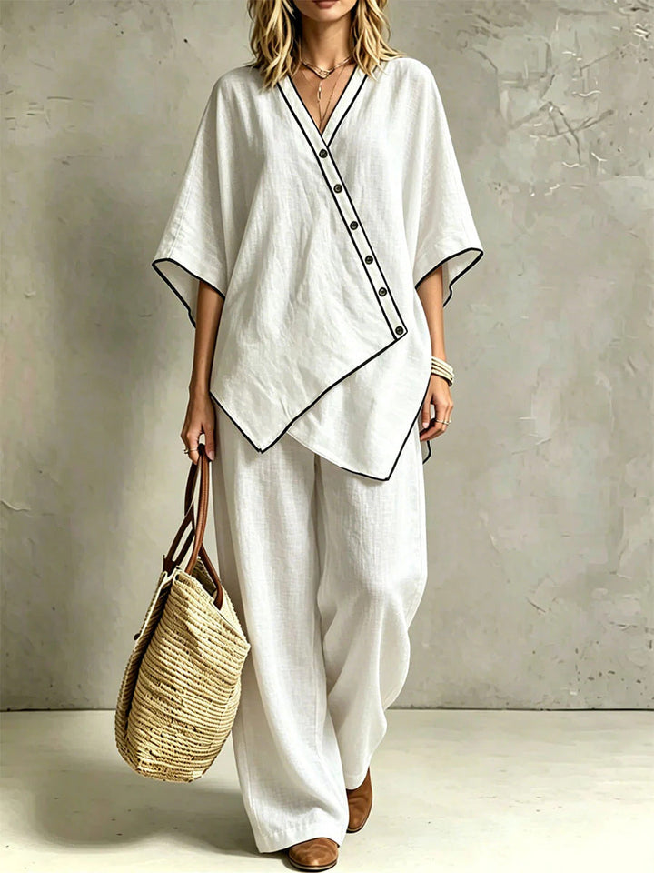 Modernes Damen Tunika-Set mit asymmetrischer Tunika & Palazzohose. Vielseitiger Look für Freizeit & Eleganz.