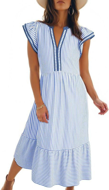 Gestreiftes Damenkleid mit V-Ausschnitt & Volant, Midilänge. Ein Must-have für Ihre Sommermode.