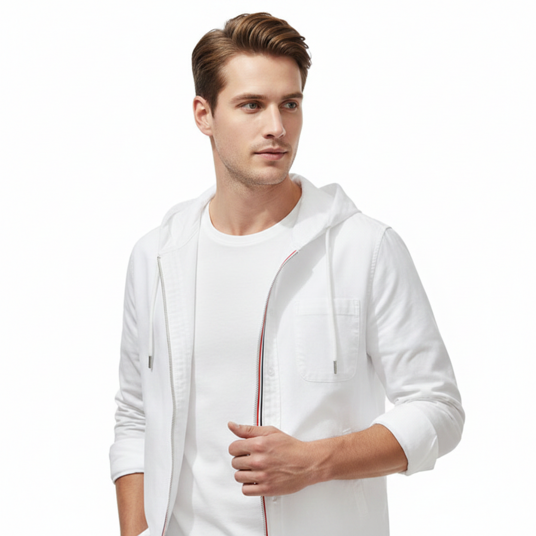 Vielseitige, sportliche Herren Kapuzenjacke (blau/weiß) mit Reißverschluss. Perfekt für Layering, ganzjährig tragbar.