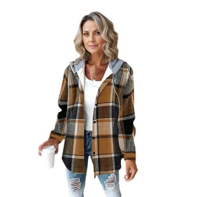 Warme Damen Kapuzenjacke im Karomuster-Look. Eine bequeme Wahl für Herbst/Winter.