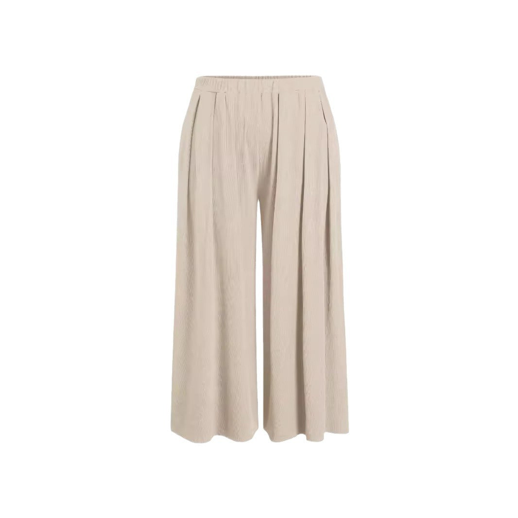 Komfortable Palazzohose in Beige mit elastischem Bund, weitem Bein und elegantem Fall für stilvolle Damenmode.