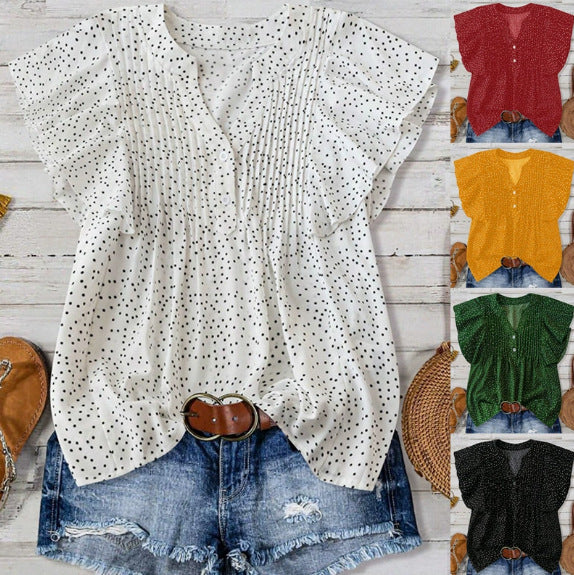 Damen Bluse mit V-Ausschnitt, Flügelärmeln und Kellerfalten, elegantem Punkte Muster.