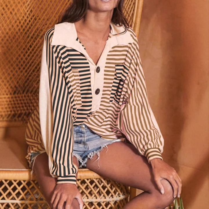 Lässige Oversize-Damenbluse mit Streifen, langen Ärmeln und weitem Schnitt für Komfort im Alltag.