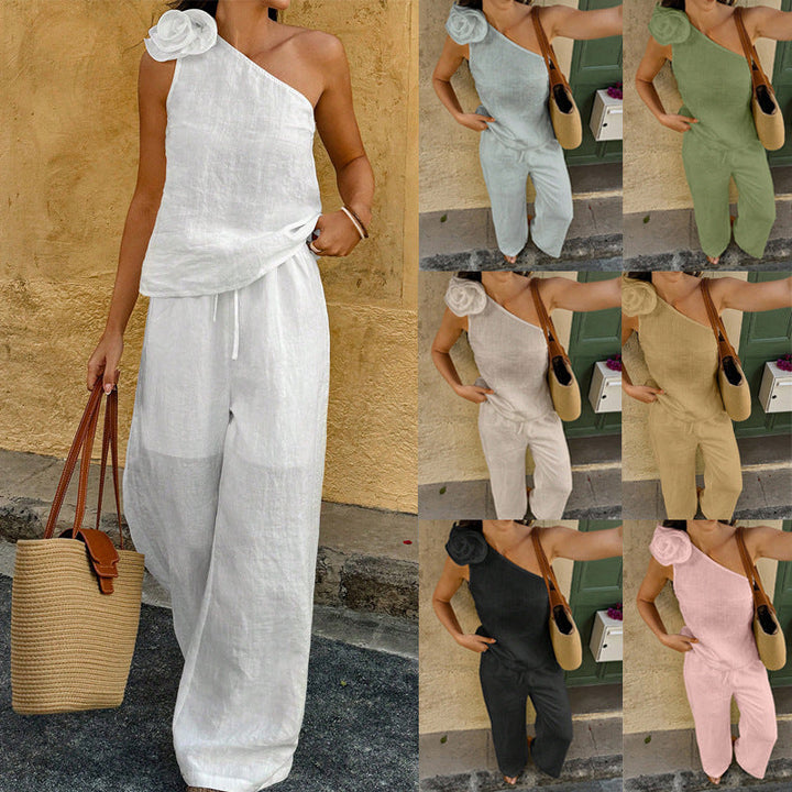 Eleganter Damen Einschulter-Jumpsuit mit Zier-Rosette und weitem Bein, ideal für Sommer und Abendmode.