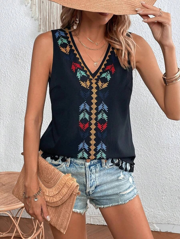 Stylisches Damen Boho-Top, ärmellos, mit Stickerei, V-Ausschnitt & Quasten – ein Must-have für den Sommer.