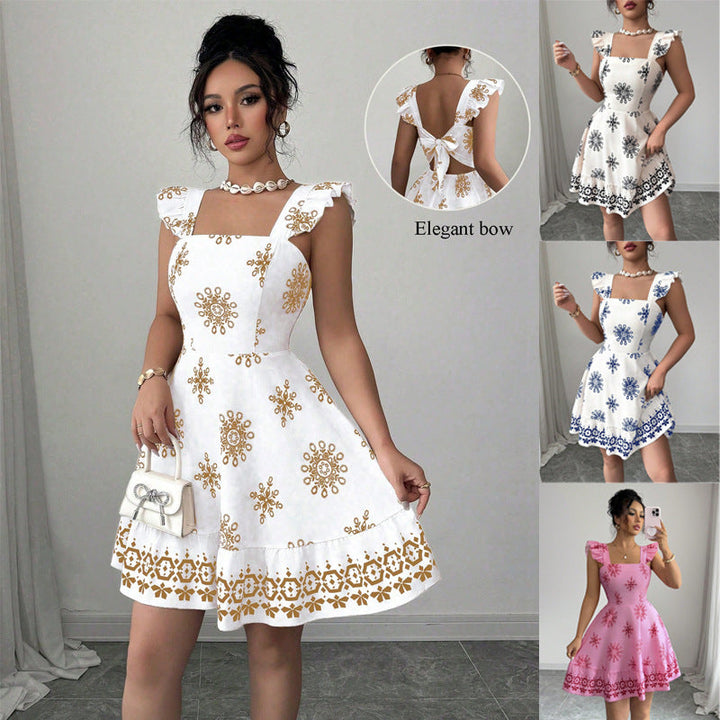 Damen A-Linie Sommerkleid mit Rüschen-Trägern, Quadrat-Ausschnitt & eleganter Stickerei.