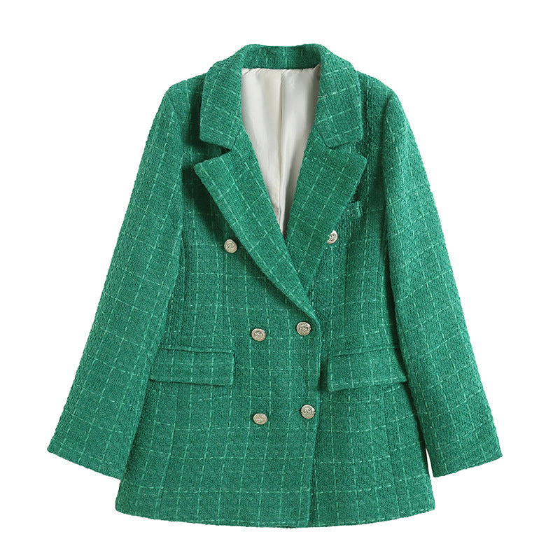 Zeitloser schwarzer Damen Doppelreiher Blazer. Figurbetonte Eleganz für Bürokleidung & Abendgarderobe.