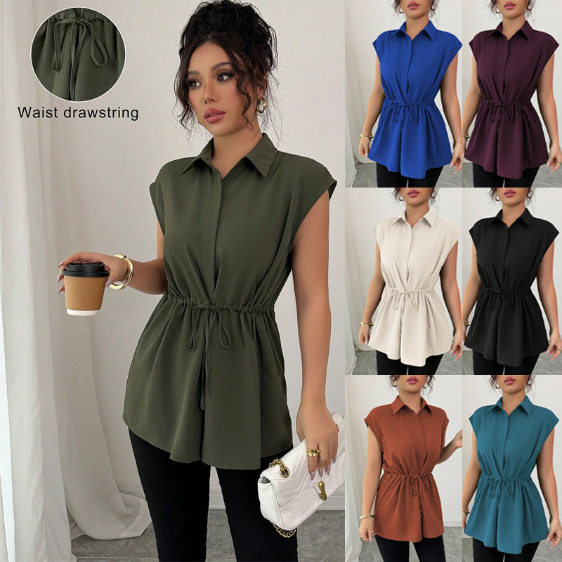 Elegante ärmellose Damen Hemdblusen-Tunika mit Kordelzug in Weiß für Sommer & Business-Casual.