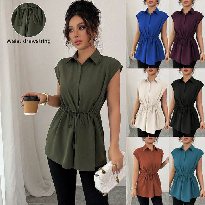 Elegante ärmellose Damen Hemdblusen-Tunika mit Kordelzug in Weiß für Sommer & Business-Casual.