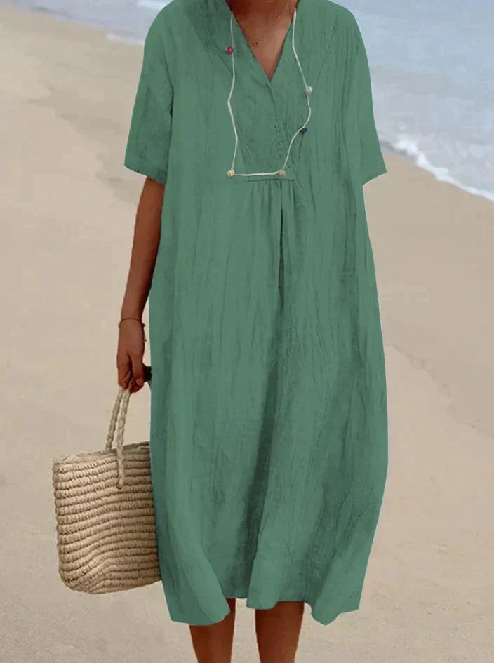 Leichtes Damen Freizeitkleid Aria aus Baumwoll-Leinen. Vielseitig, bequem & perfekt als Urlaubskleid.