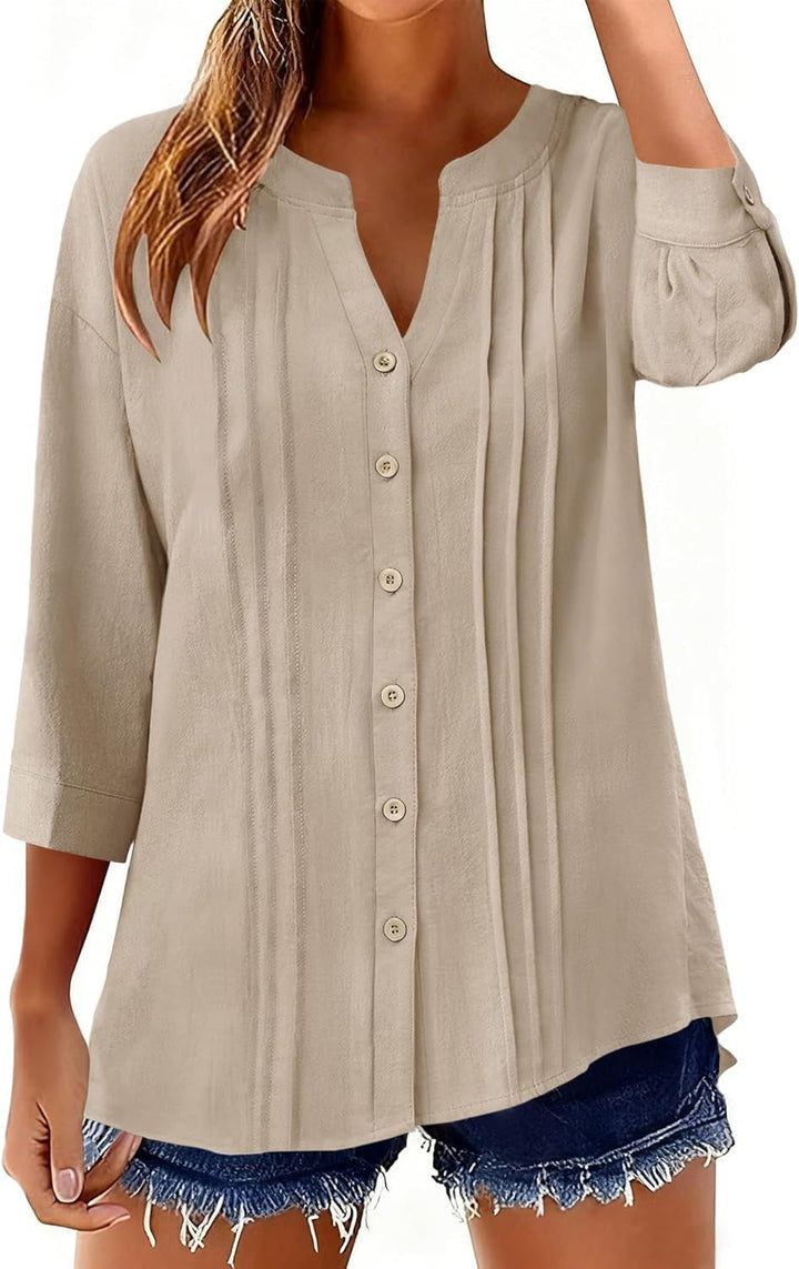 Lockere Damen Tunika Bluse, bequem, mit Kellerfalten & Dreiviertelärmeln. Schick für den Sommer.